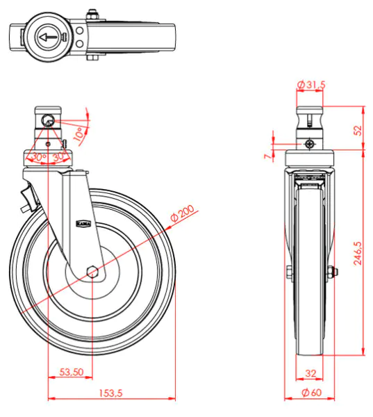 Колесная опора 2216 MTR 200 F23 NT (RAL.7016)